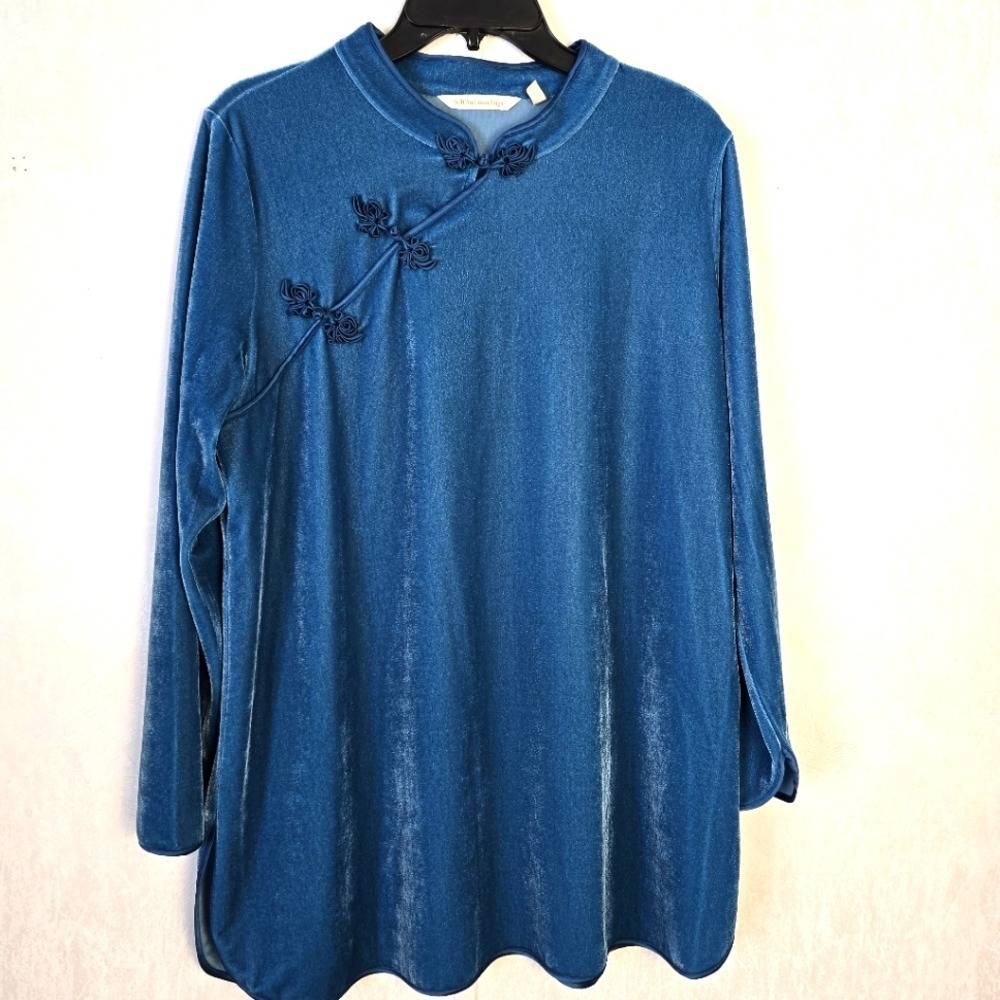 Soft Surroundings Women's PETITE‎ L Tai Tunic Teal Velvet Satin Trim Long Asian